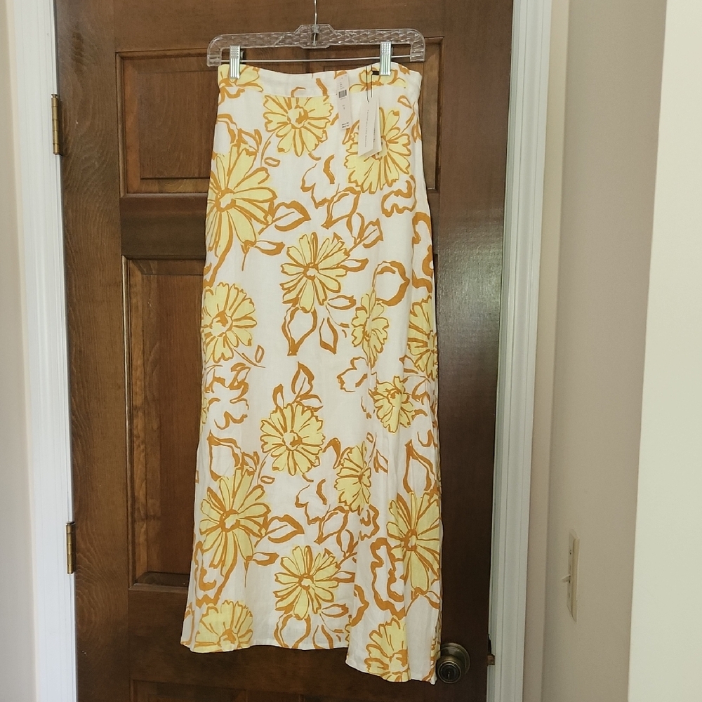 Faithfull the Brand Linen White and Yellow Maxi Pencil Skirt